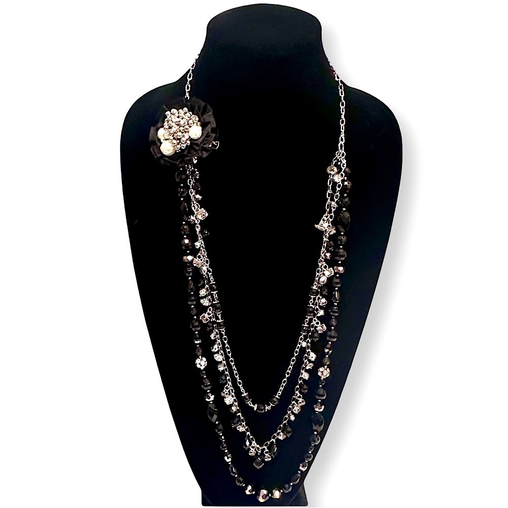 WHBM | Silver Convertible Black Bead & Pearl Necklace w Removable Brooch | NEW - Picture 12 of 12